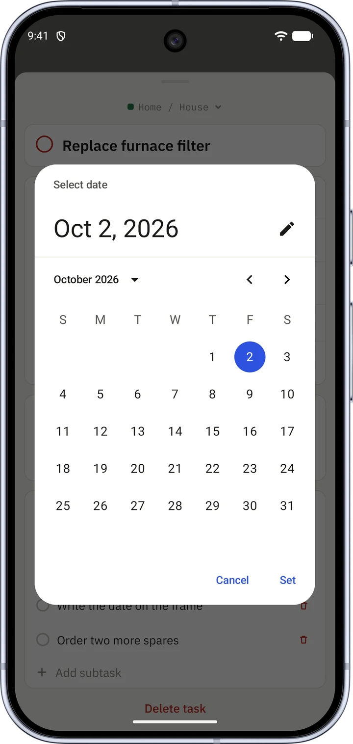 Yarukoto on Android, picking a task's date in the system's Material date dialog