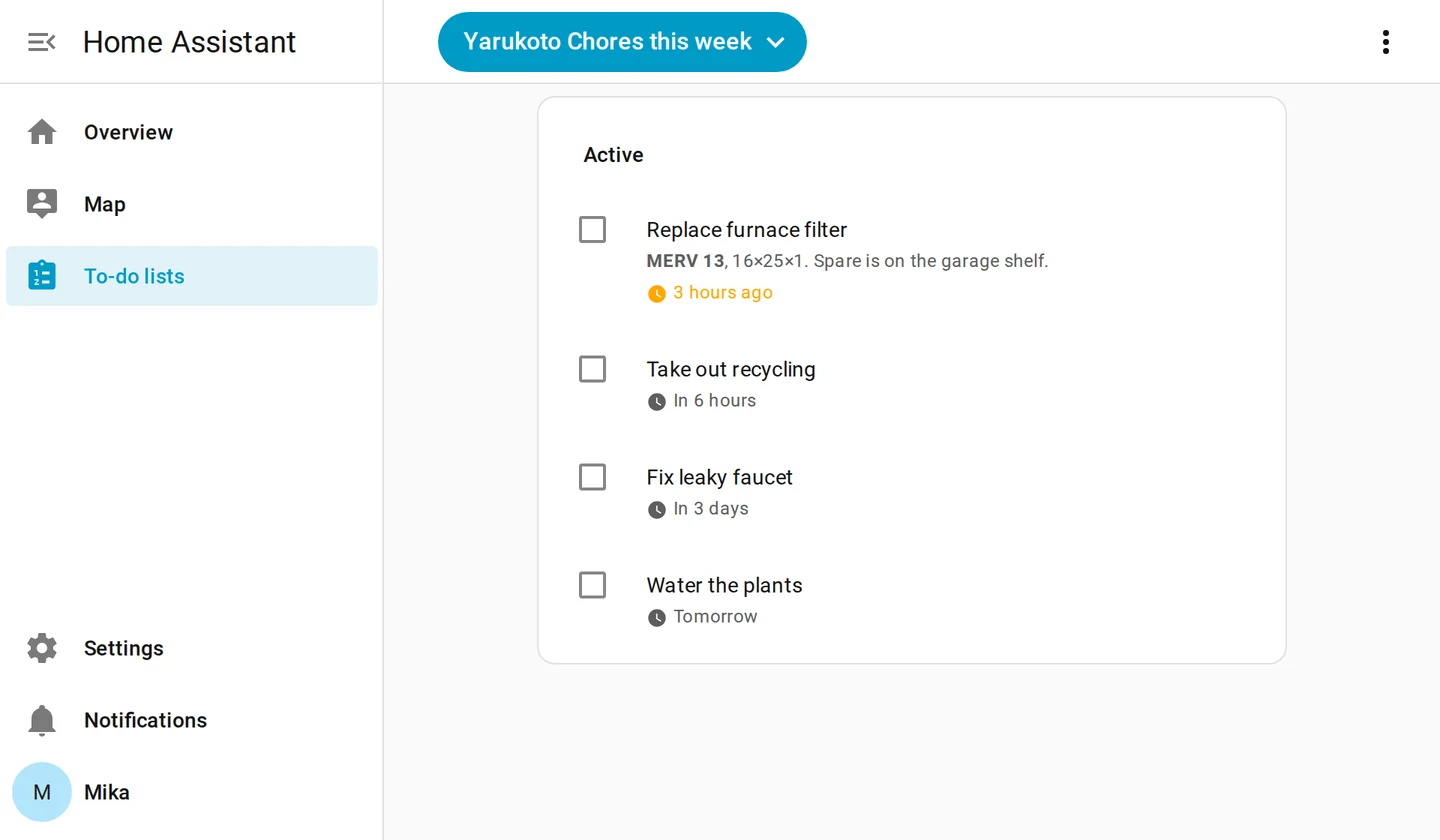The Chores this week saved filter as a Home Assistant to-do list, including a task's Markdown notes