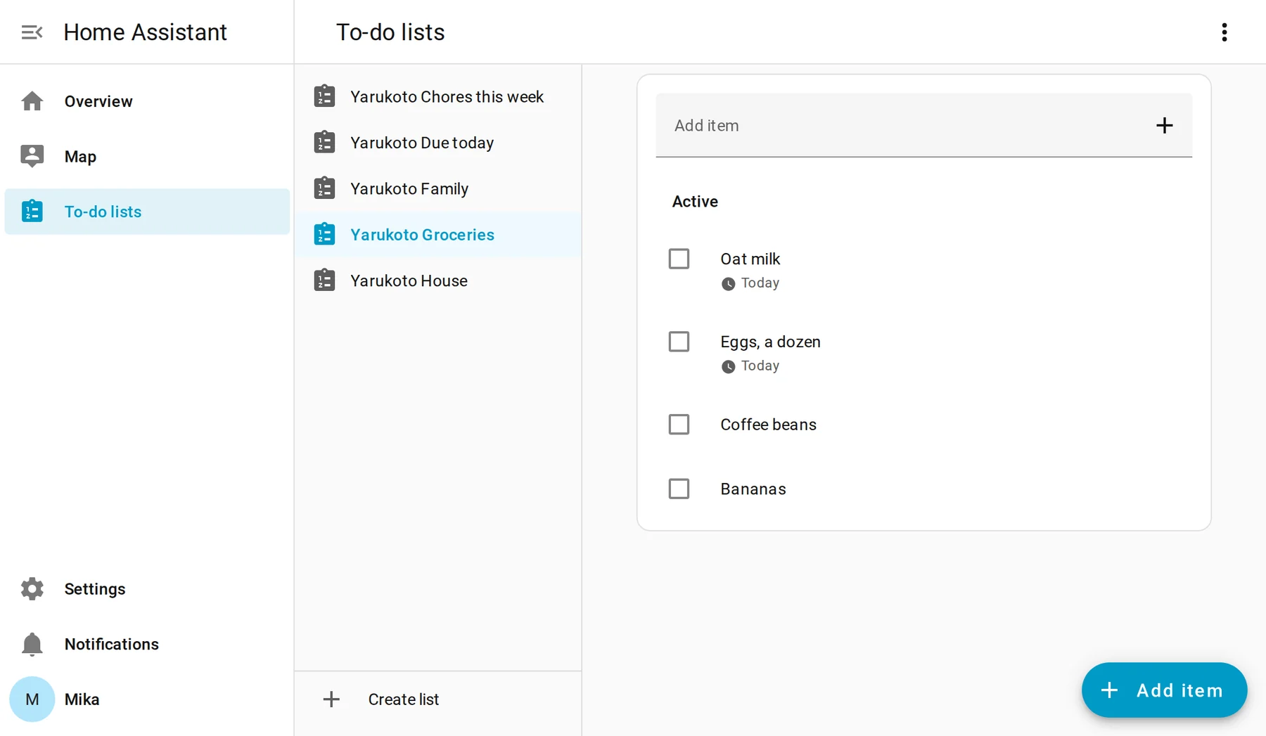 Home Assistant's To-do lists panel showing Yarukoto Groceries, House, Family and two saved filters, with the Groceries list open