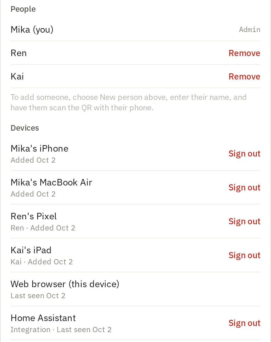 The Household section of Settings, listing three people and their devices, including a Home Assistant integration