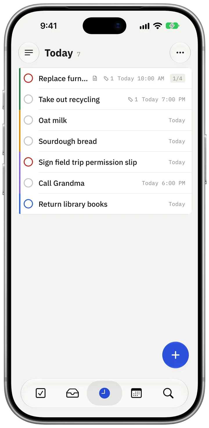 Yarukoto's Today view on iPhone, with the household's tasks from House, Groceries and Family