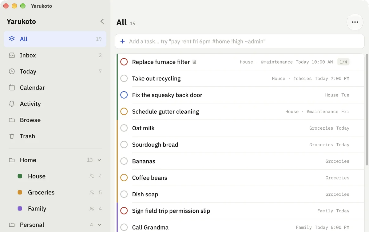 Yarukoto's Mac window: a sidebar with the household's shared House, Groceries and Family lists, next to every task in the household