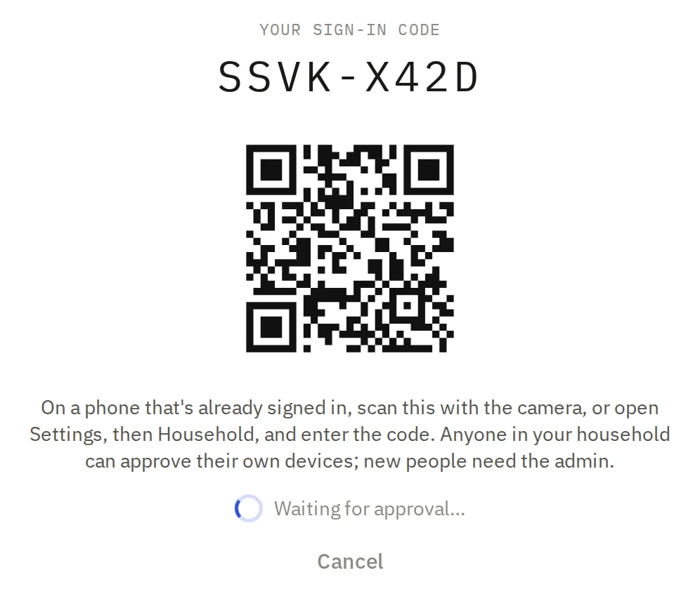 The web app's sign-in screen showing a code, SSVK-X42D, and a QR code waiting for approval