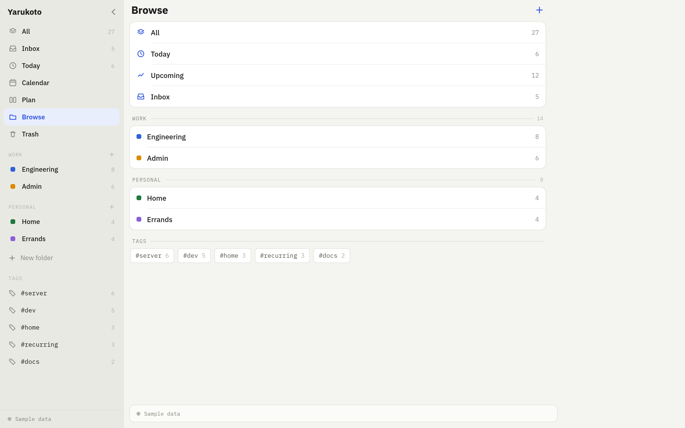 Yarukoto Browse view on the web, with folders, tags and task rows