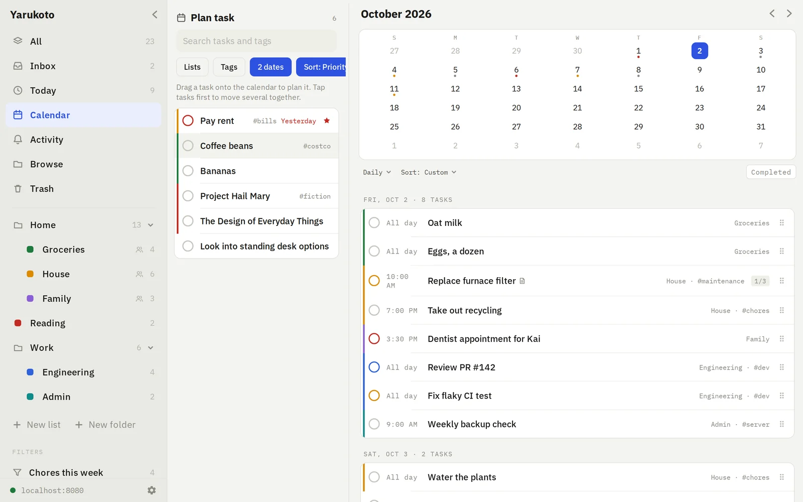 Calendar view: a month grid above the day's agenda, with unscheduled tasks beside it ready to drag onto a day