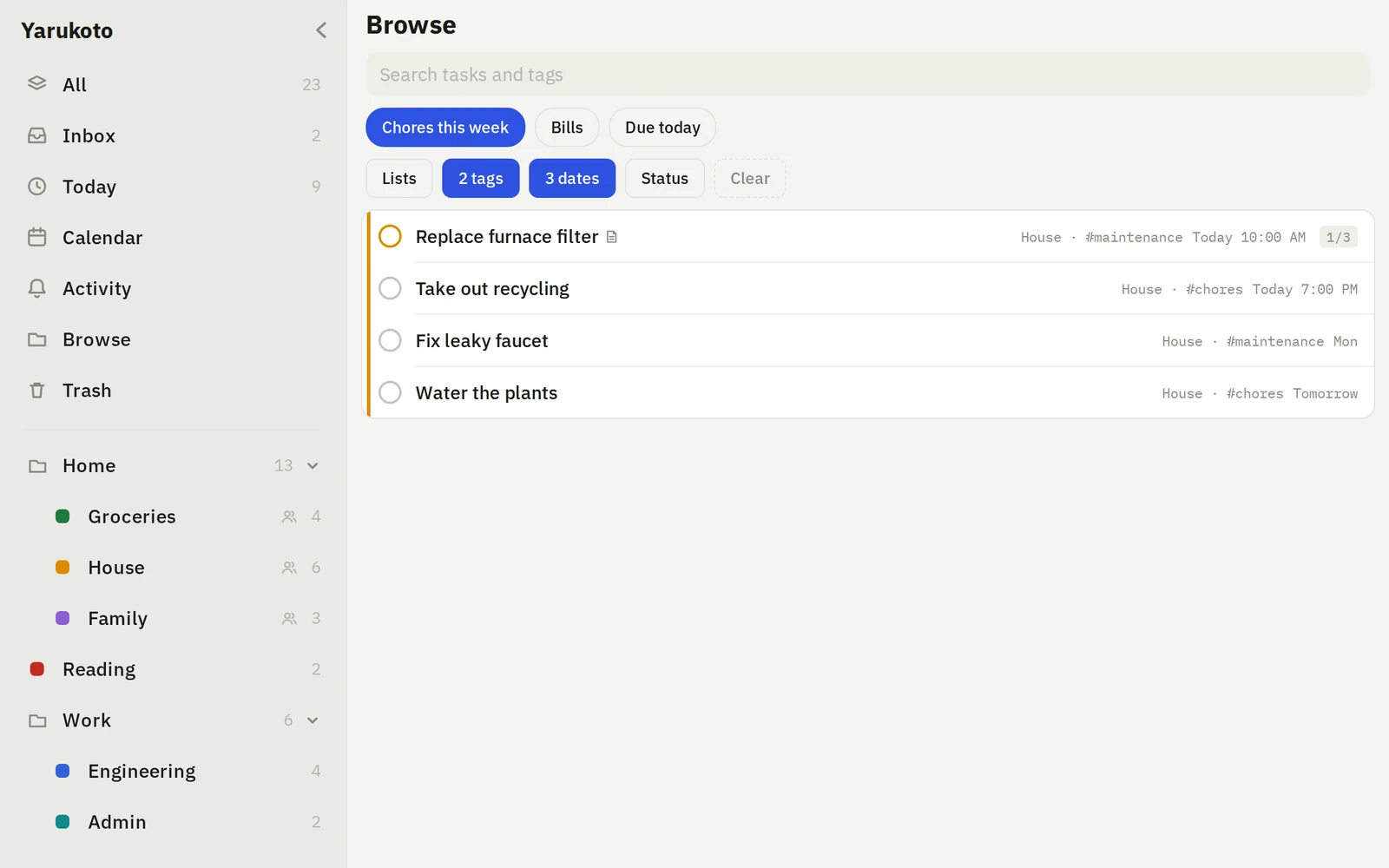 Browse with the Chores this week saved filter selected, showing four chores across the House list