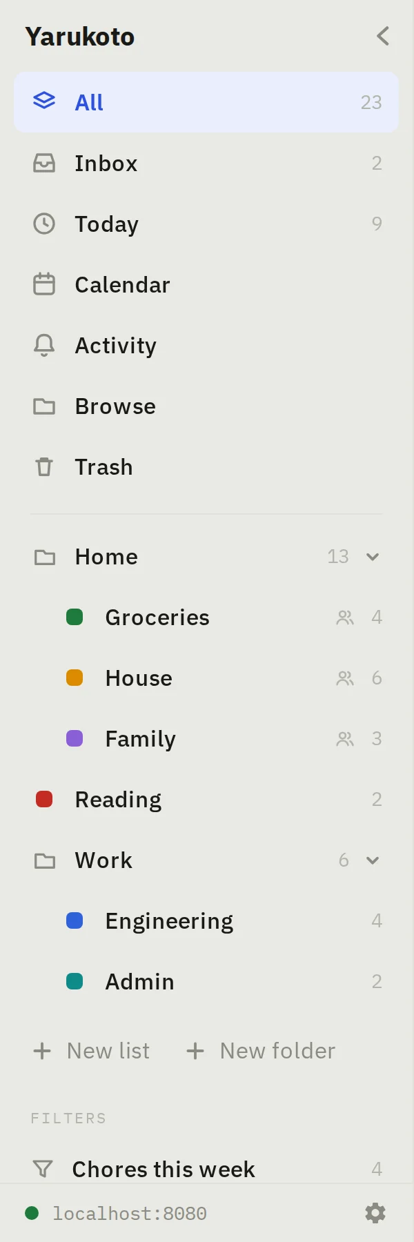 Yarukoto's sidebar: Groceries, House and Family are shared lists with a people icon; Reading, Engineering and Admin are private