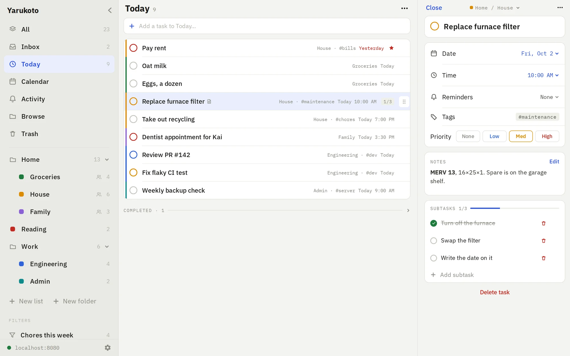 Yarukoto's Today view with the task pane open, showing a due time, priority, Markdown notes and subtasks