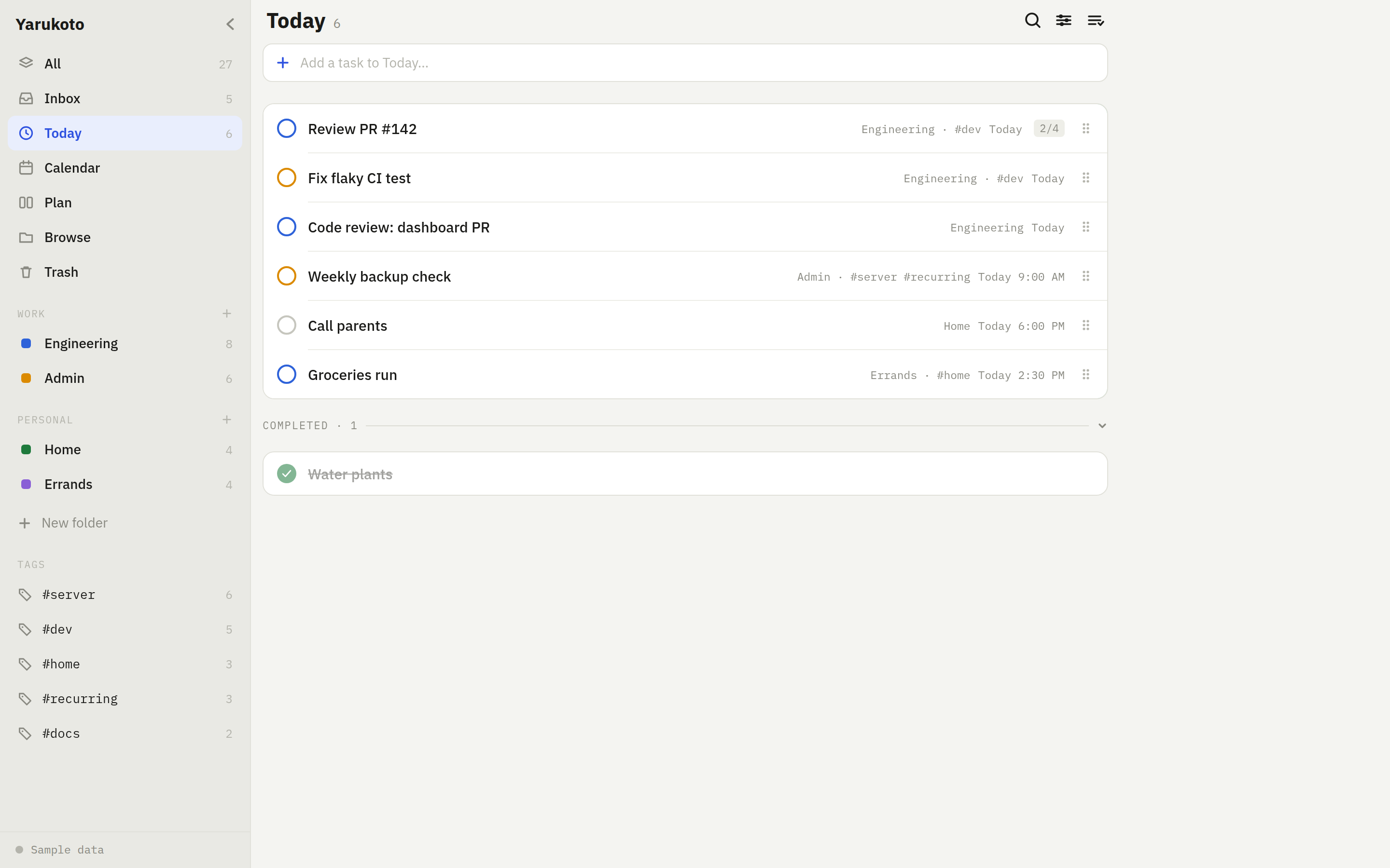 Yarukoto Today view on the web, with due tasks and task rows