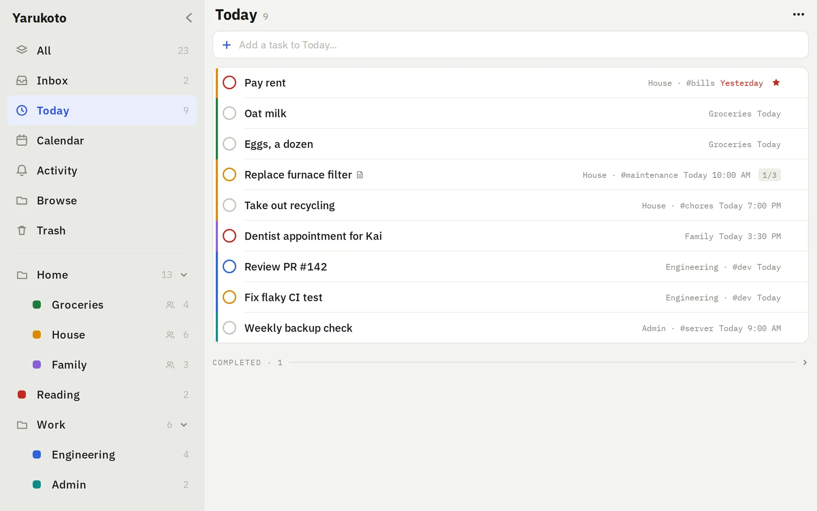 Today view: due and overdue tasks from shared and private lists